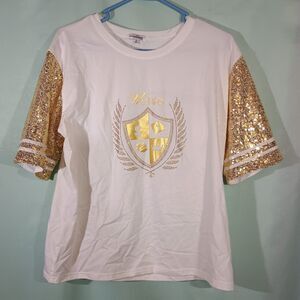White Gold Sequin Sleeve Top Graphic Crest Tee Glam Statement Shirt